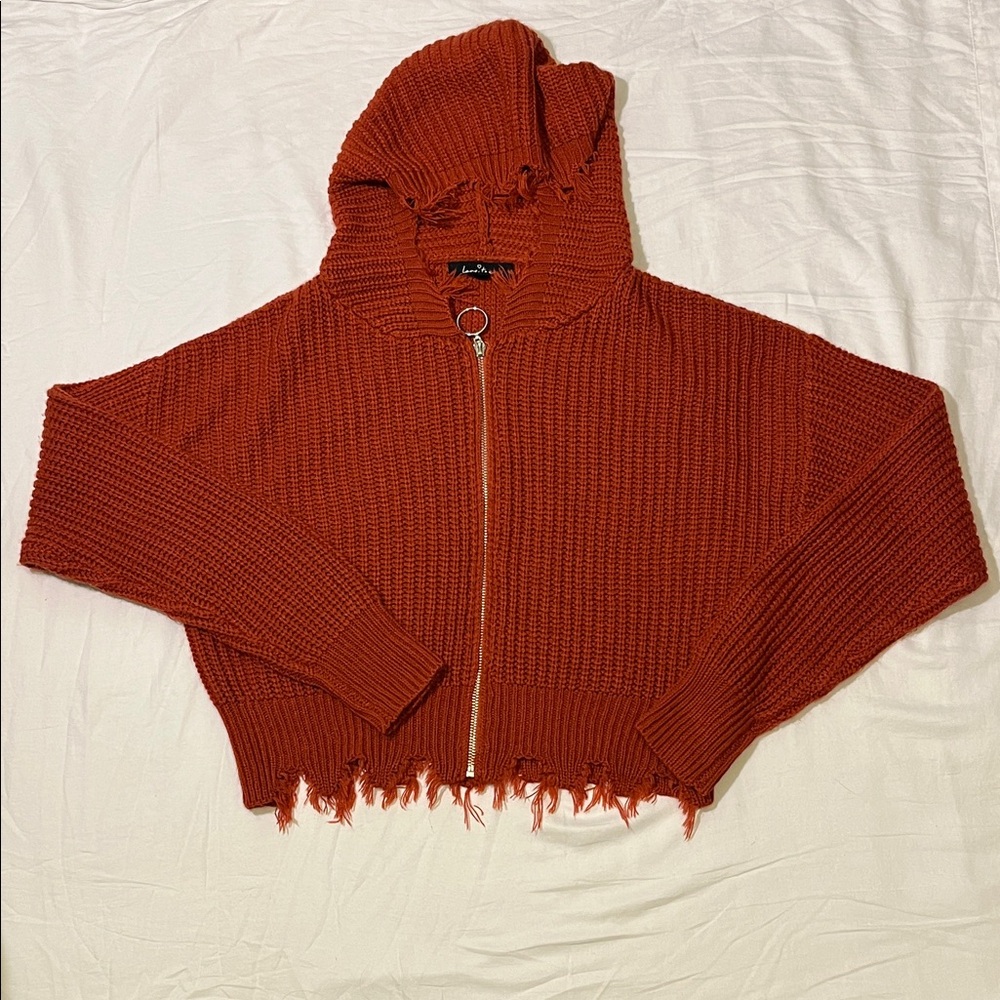Love Tree Rust Hooded Cardigan Full Zip Bottom Fringe Size Large Crop Versatile